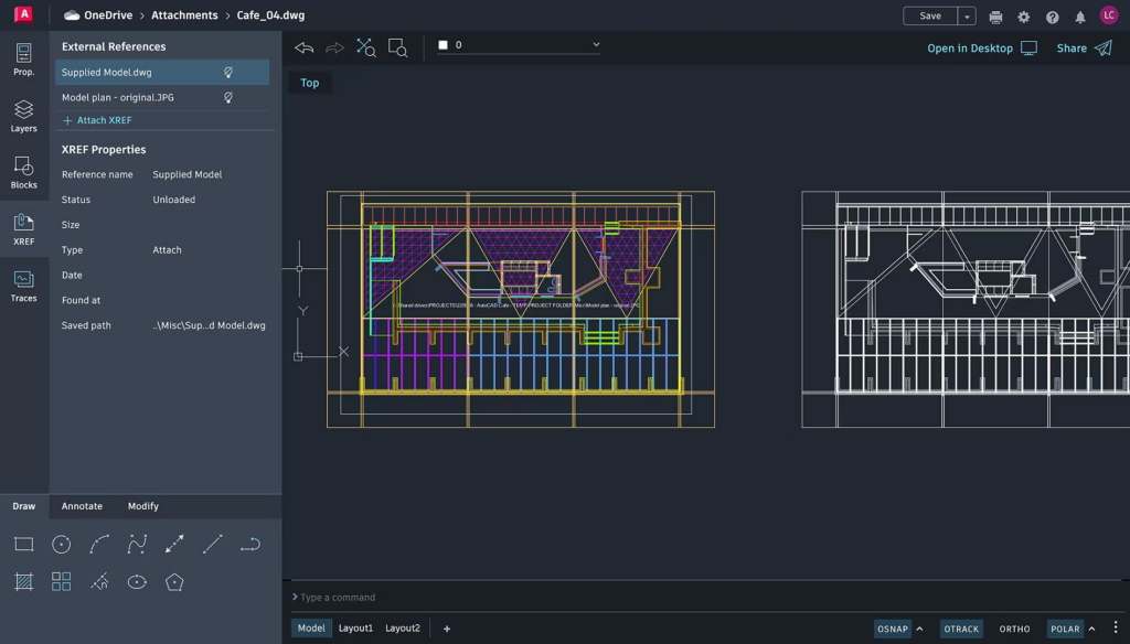 (외부 참조)
AutoCAD Web의 XREF 패널에서 Supplied Model.dwg 등 외부 참조 파일이 카페 평면 DWG 도면에 누락 없이 반영된 화면입니다. 일반 DWG 파일 뷰어에서 외부 참조가 깨지는 문제 없이 참조 파일의 상태와 경로까지 정확하게 표시됩니다.