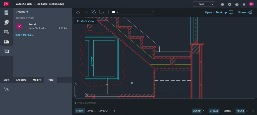 (추적 기능)
AutoCAD Web의 추적(Trace) 기능으로 DWG 파일 원본을 수정하지 않고 도면 위에 빨간 구름 마크업 주석을 추가한 화면입니다. 작성자와 수정 시간이 좌측 패널에 기록되어, DWG 파일 뷰어 수준을 넘어 팀 협업까지 가능한 환경을 보여줍니다.