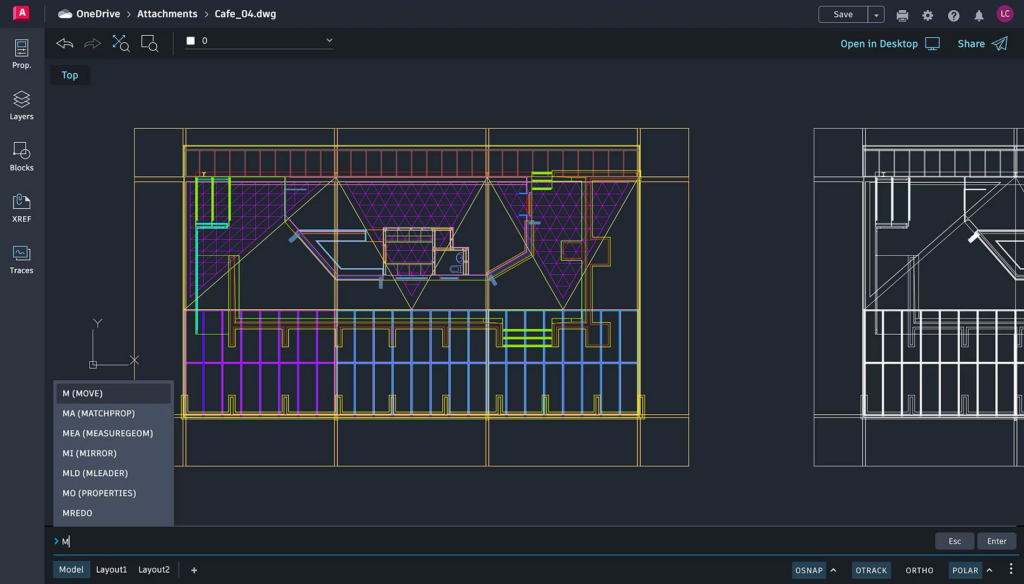 (명령어 기반 편집)
AutoCAD Web 명령행에 'M'을 입력하자 MOVE, MIRROR 등 관련 명령어가 자동완성으로 표시되는 화면입니다. 단순 DWG 파일 뷰어와 달리 데스크톱 AutoCAD와 동일한 명령어 기반 편집 환경을 웹 브라우저에서 그대로 사용할 수 있습니다.