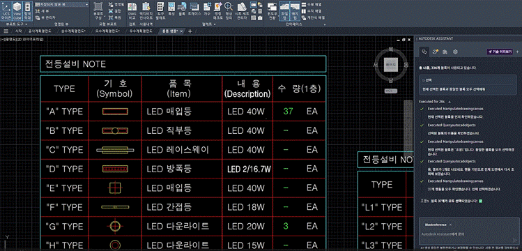 블록화 후 다시 집계하자 조명 수량이 37개로 확정된 AutoCAD 화면